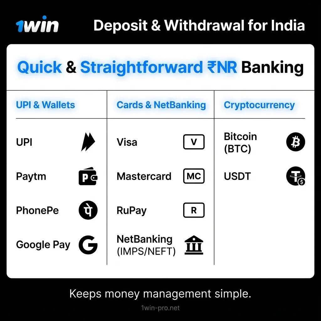 Deposit and withdrawal options at 1Win India - local INR and global methods