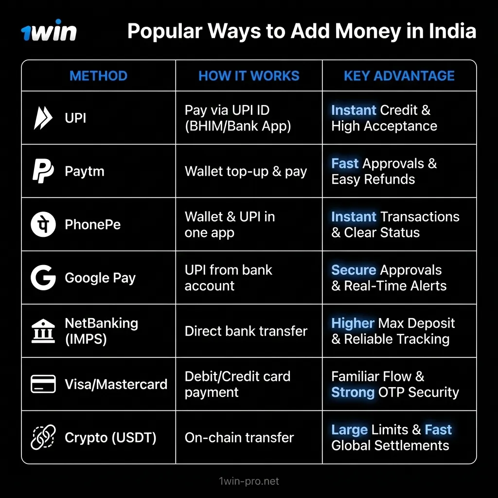 Popular 1Win deposit methods in India - UPI, Paytm, PhonePe, and GPay
