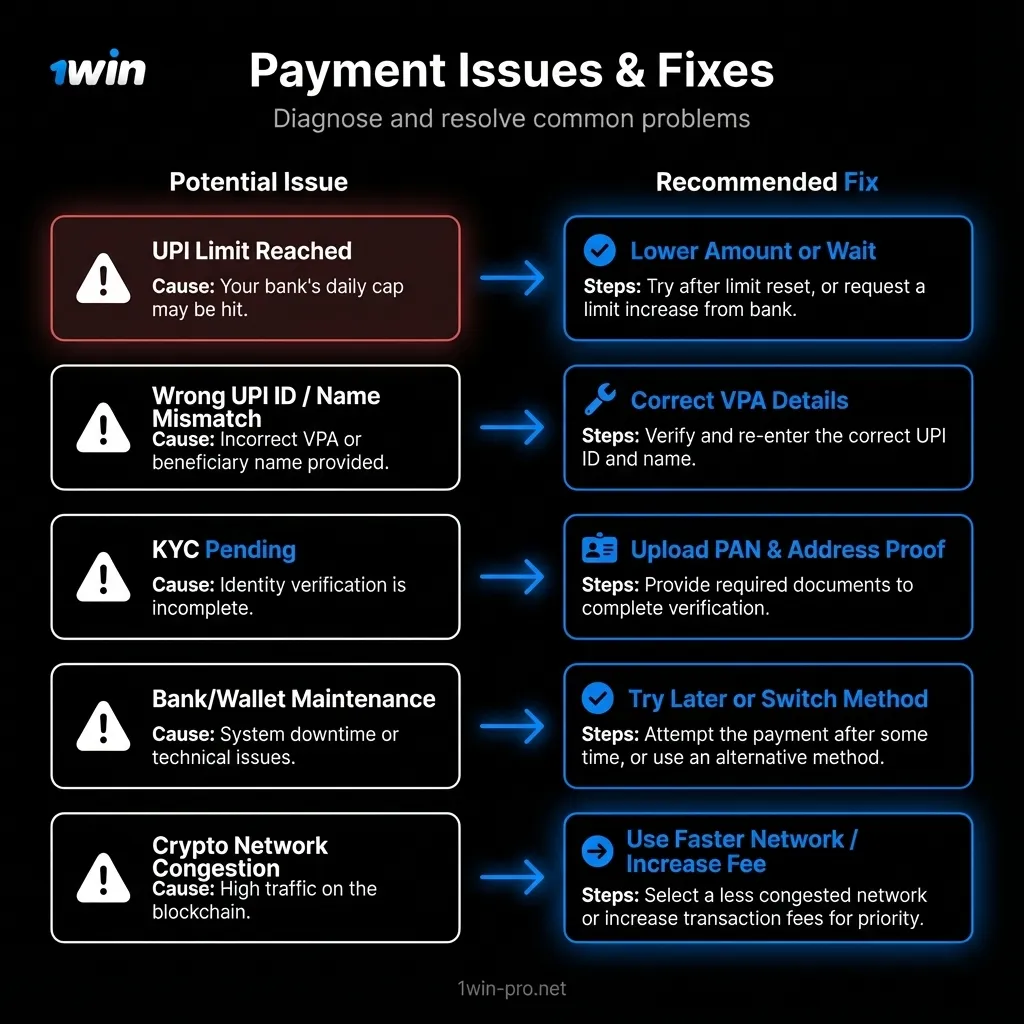 Troubleshooting guide for 1Win payments - UPI, bank, and crypto solutions