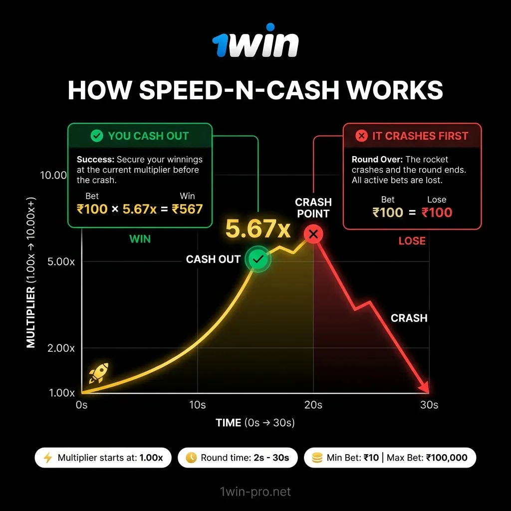 Understanding Speed-n-Cash gameplay - cashing out before the crash on 1win India