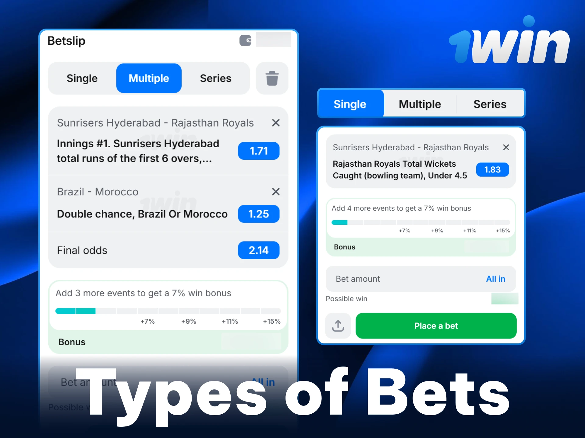 Read about the different types of bets explained on 1win.